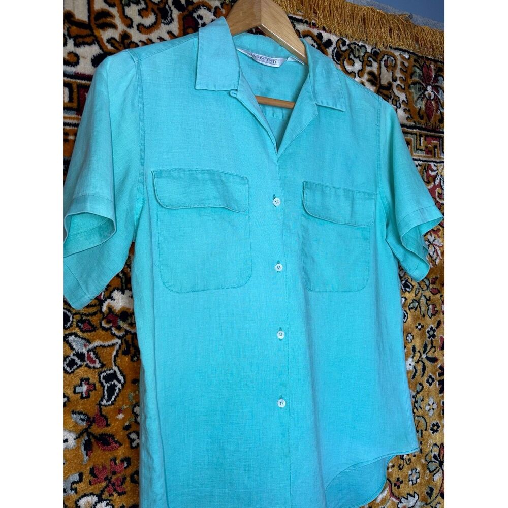 90s Vintage Lands' End Turquoise Linen Short Sleeve Shirt Women's Size 10 - Picture 3 of 7